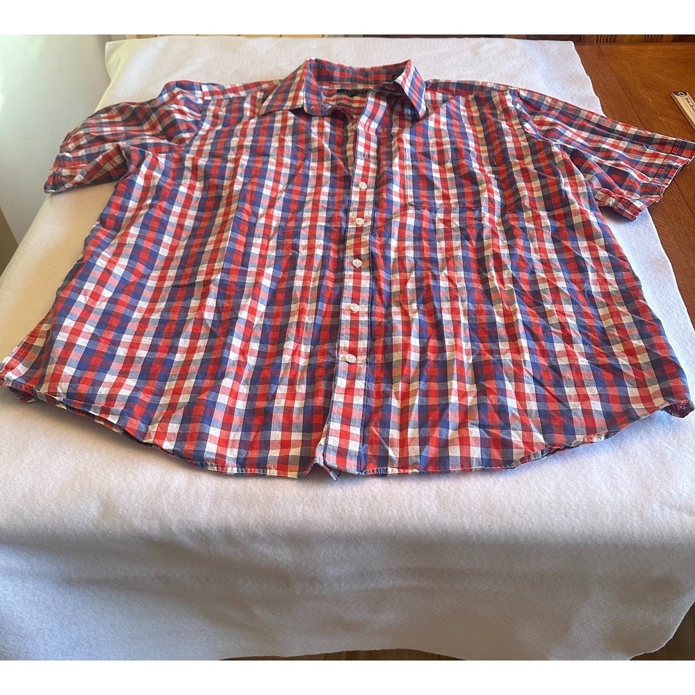 Synrgy Mens Button Down Shirt 2XL XXL Red Blue Plaid Gingham Short Sleeve Casual